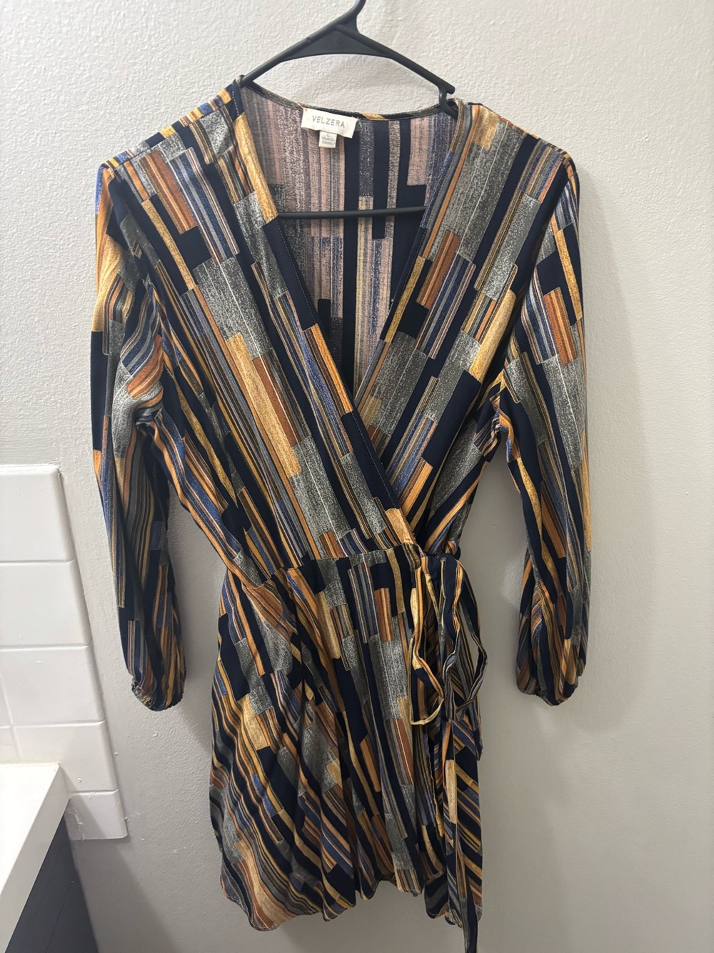 Velzera Navy, Gold & Gray Striped Wrap Dress